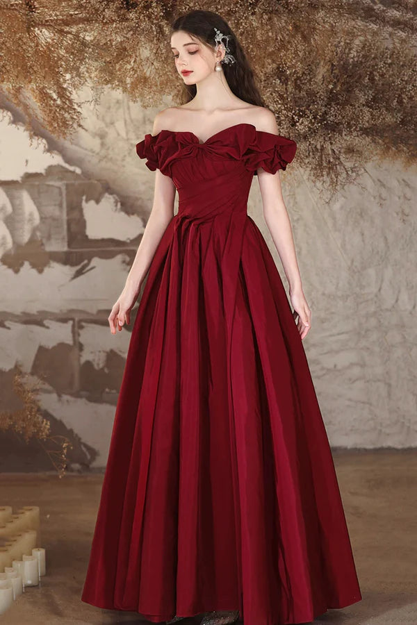 Wholesale Burgundy Off the Shoulder Long A-Line Formal Prom Dresses